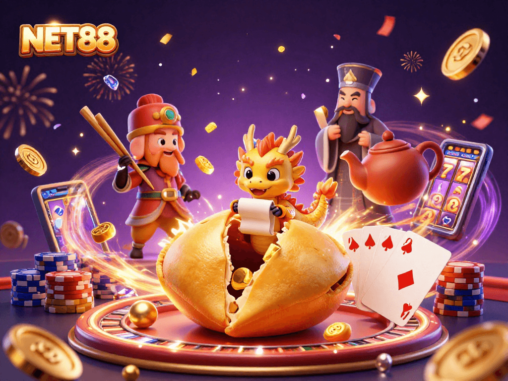 Engage with NET88's vibrant casino scene featuring a golden fortune cookie and dragon.