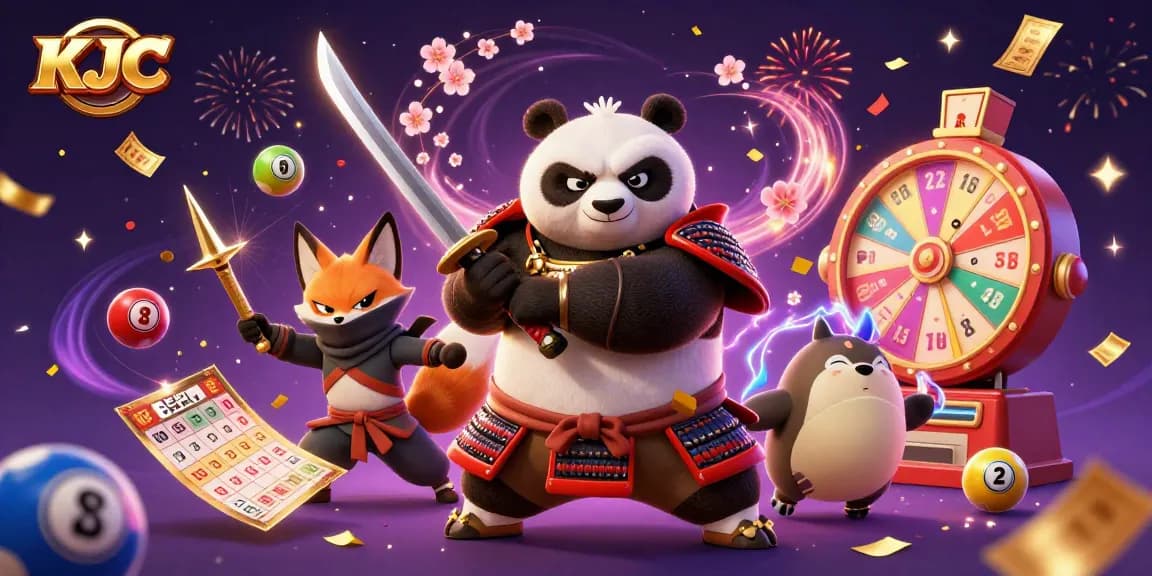 KJC engages players with a vibrant illustration featuring samurai panda, ninja fox, and tanuki amidst lottery elements.