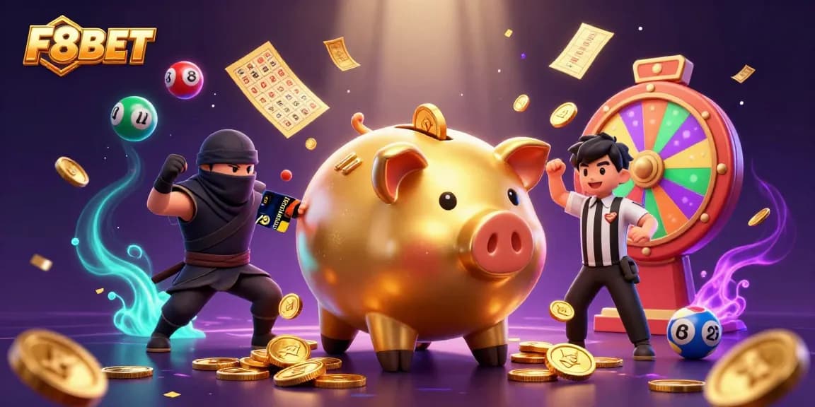 Engage with F8BET's vibrant casino scene featuring a golden piggy bank and dynamic game elements.