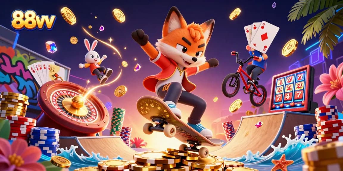 Engage with 88vv casino action featuring a skateboarder fox and BMX rabbit amidst dynamic game elements.