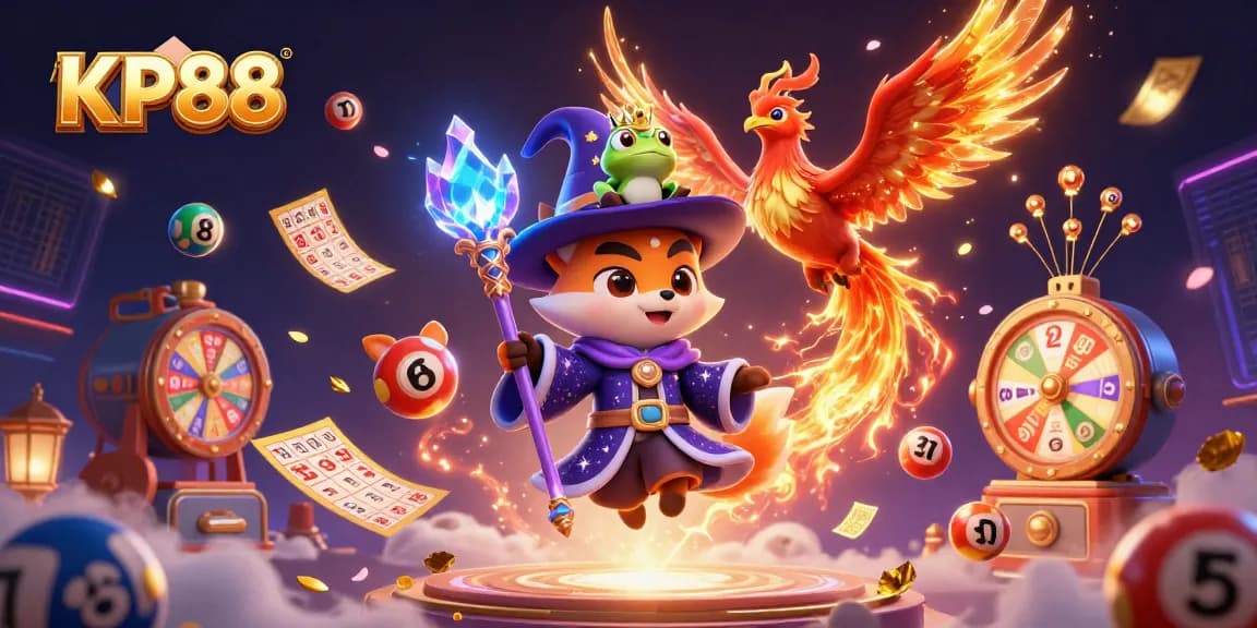 Experience KP88's vibrant gaming world with a magical wizard fox, phoenix, and animated lottery elements.