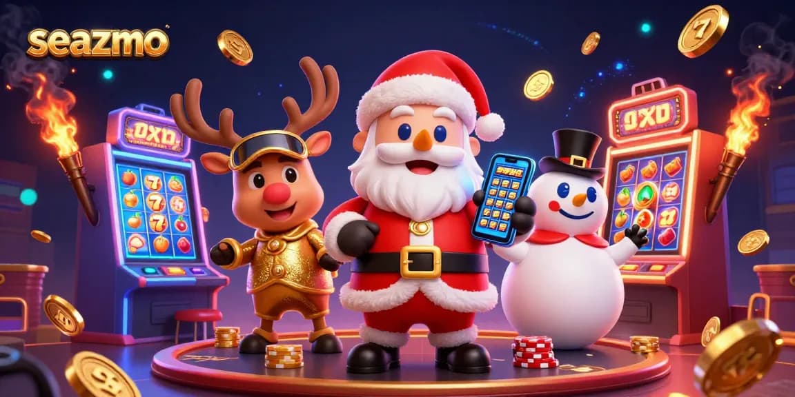 Experience the joyful slot gaming world of seazmo with Santa and friends celebrating jackpots!
