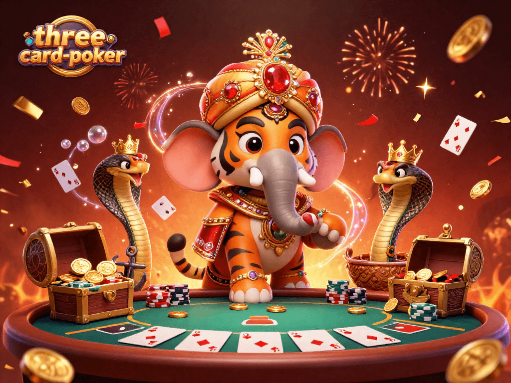Engage in exciting three-card-poker gameplay with a vibrant 3D illustration of a royal poker scene.