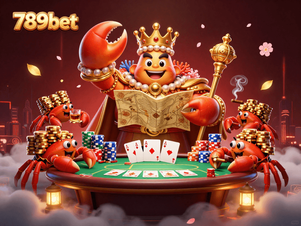 Engage with casino excitement at 789bet with a vibrant illustration of a golden crab emperor amidst poker elements.
