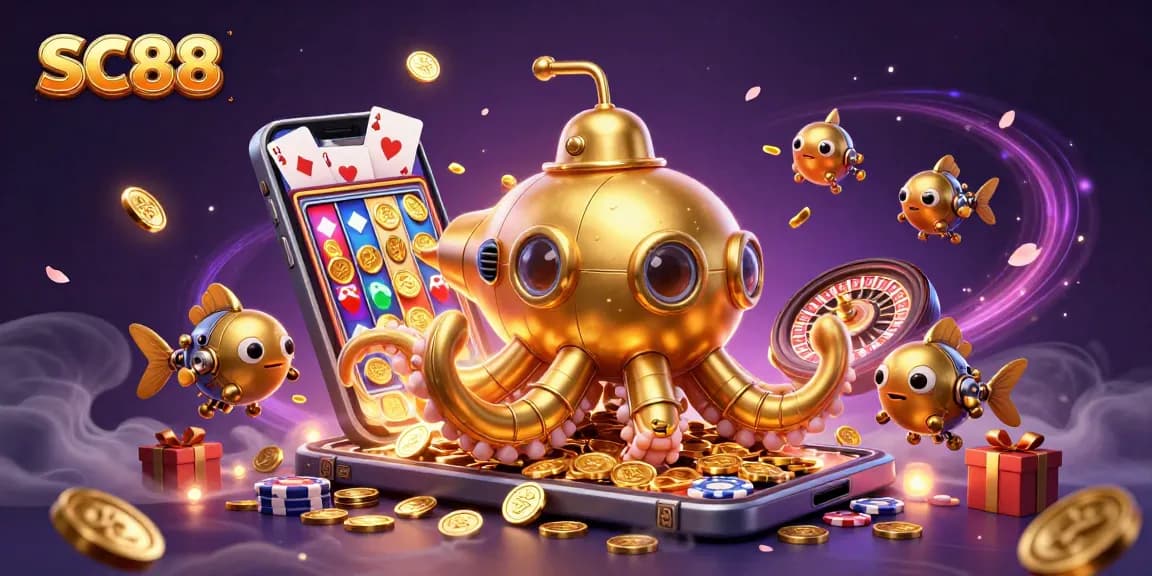 Engage with SC88's online casino experiences featuring a kraken submarine, slot games, and golden coins.