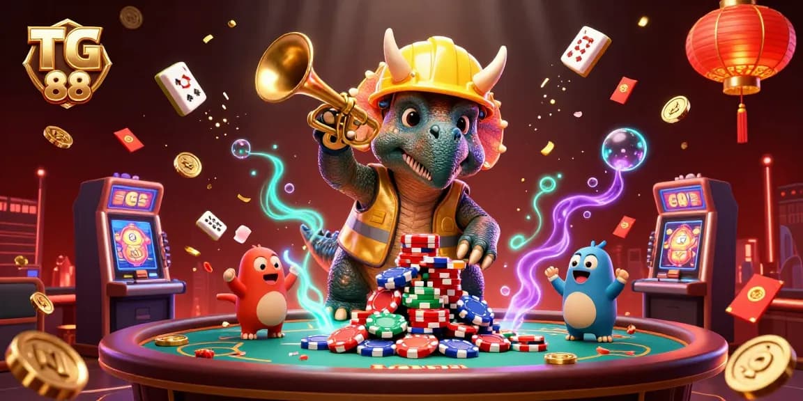 Engage with TG 88 in a vibrant casino scene featuring playful characters and rich game elements.