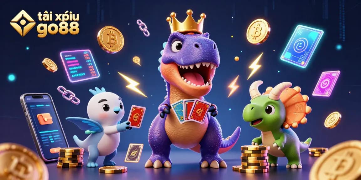 Tài xỉu go88 gameplay scene with a cartoon T-Rex shuffling cards, crypto coins, and neon effects.