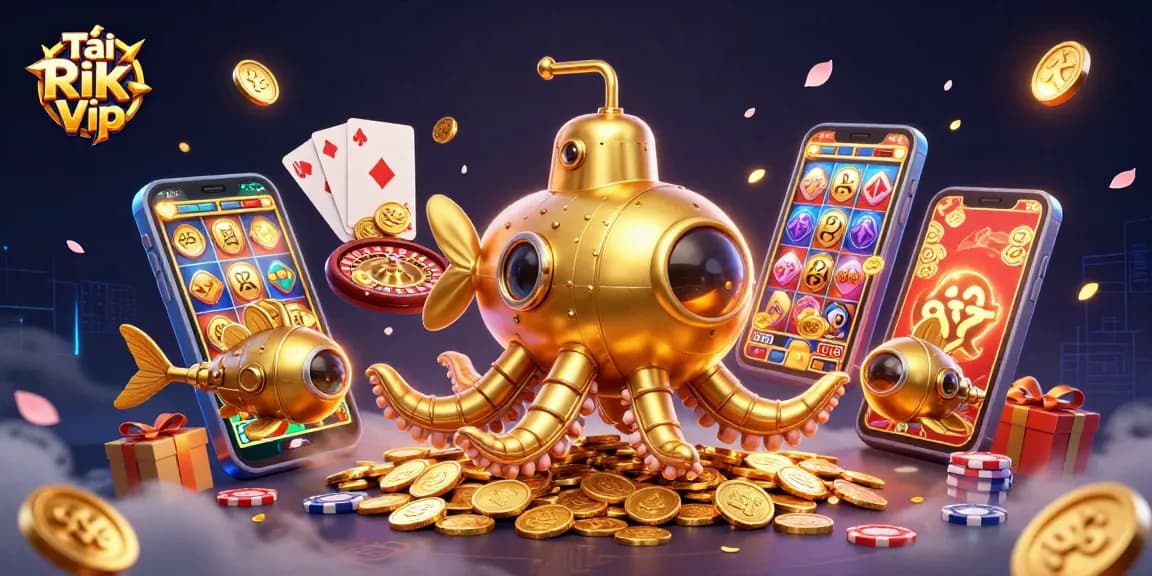 Tải Rik Vip and win big with a colorful slot game glowing on the 3D smartphone.