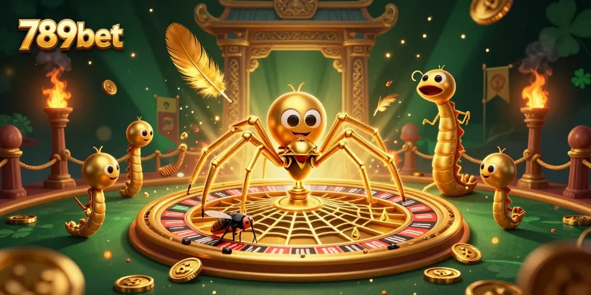 Engage in thrilling action at 789bet with a golden spider and a centipede croupier in an exciting gambling scene.