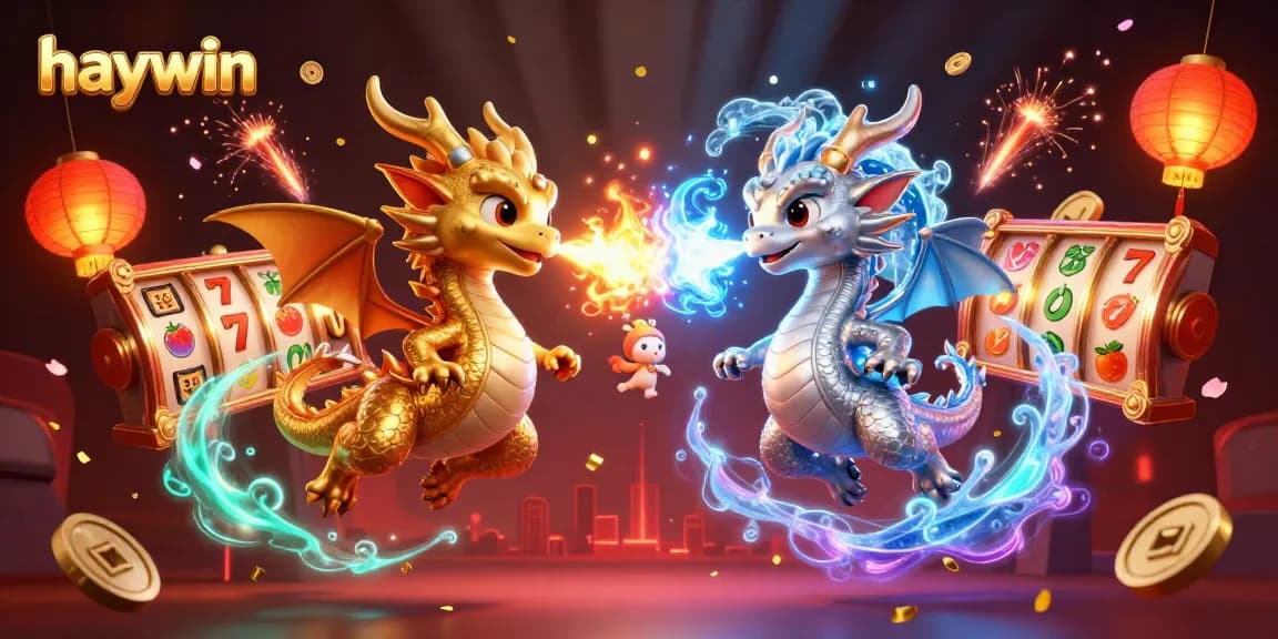 Experience exhilarating slots action at Haywin with twin dragons in a vibrant casino scene.