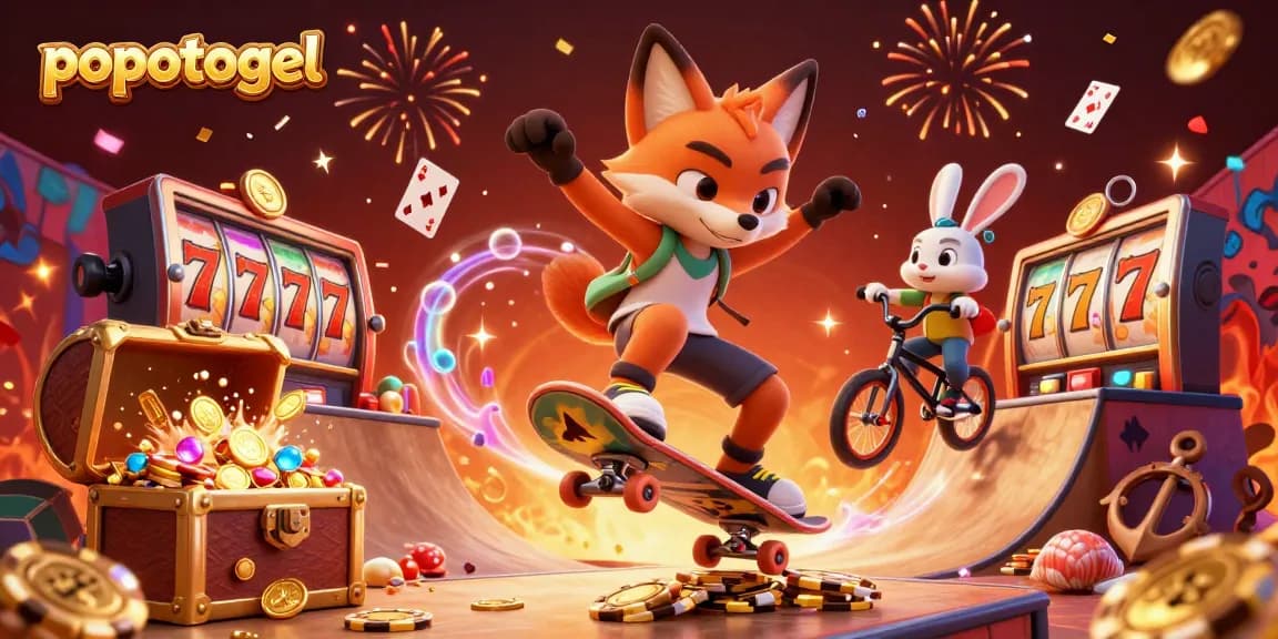 Experience the excitement of popotogel with vibrant 3D characters in a rich casino-themed illustration.