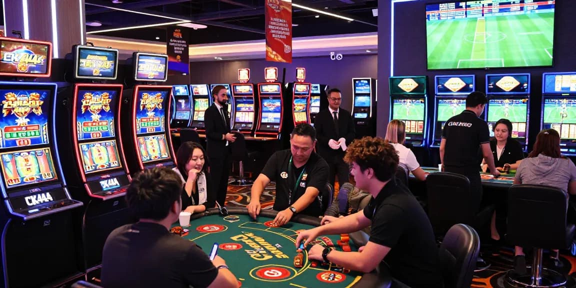 Exciting CK444 online casino gaming scene with diverse players at slot machines and live dealer tables.