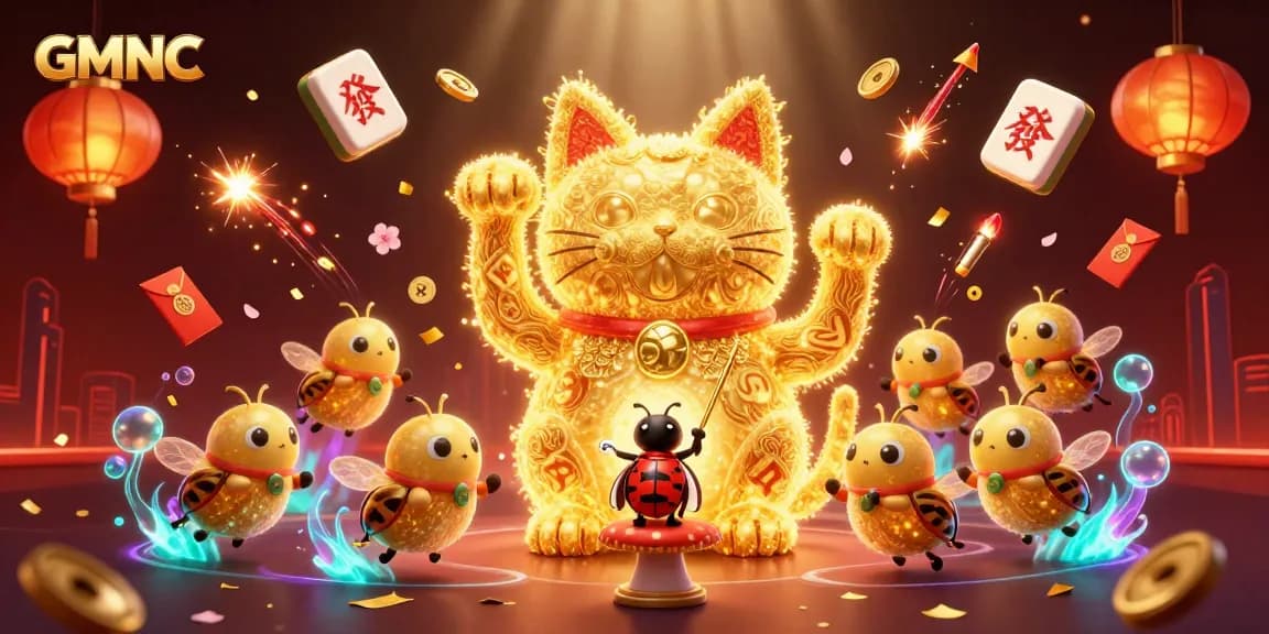 Watch GMNC's giant lucky cat symbolizing prosperity amidst vibrant casino elements.