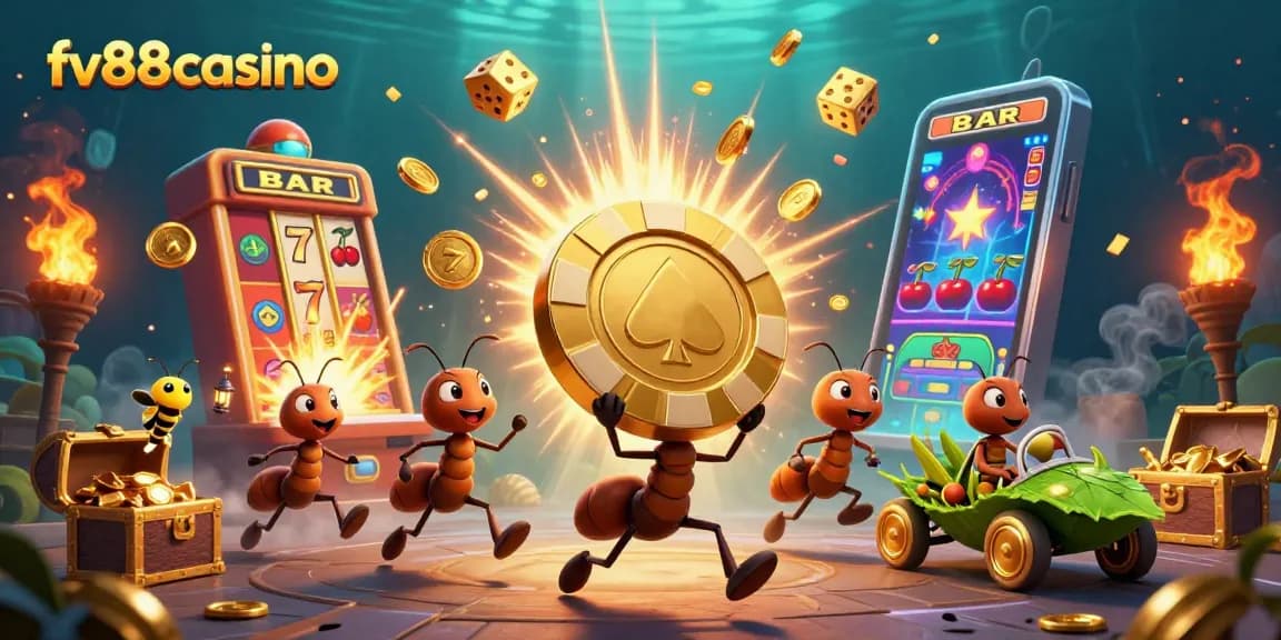 Experience thrilling gameplay at fv88casino where ants carry a golden poker chip in a vibrant casino adventure.