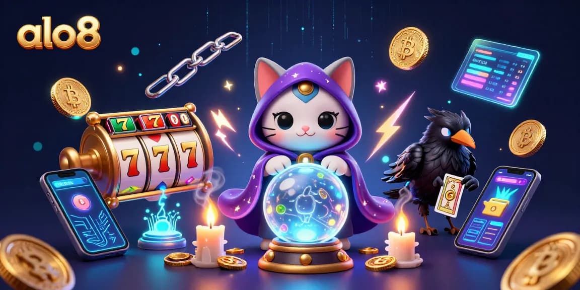Experience thrilling gaming at alo8 with an energetic slot machine scene featuring a mystic cat and tarot raven.