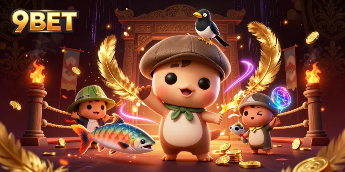 Engage with 9BET’s vibrant gaming scene featuring cartoon characters amidst casino action.