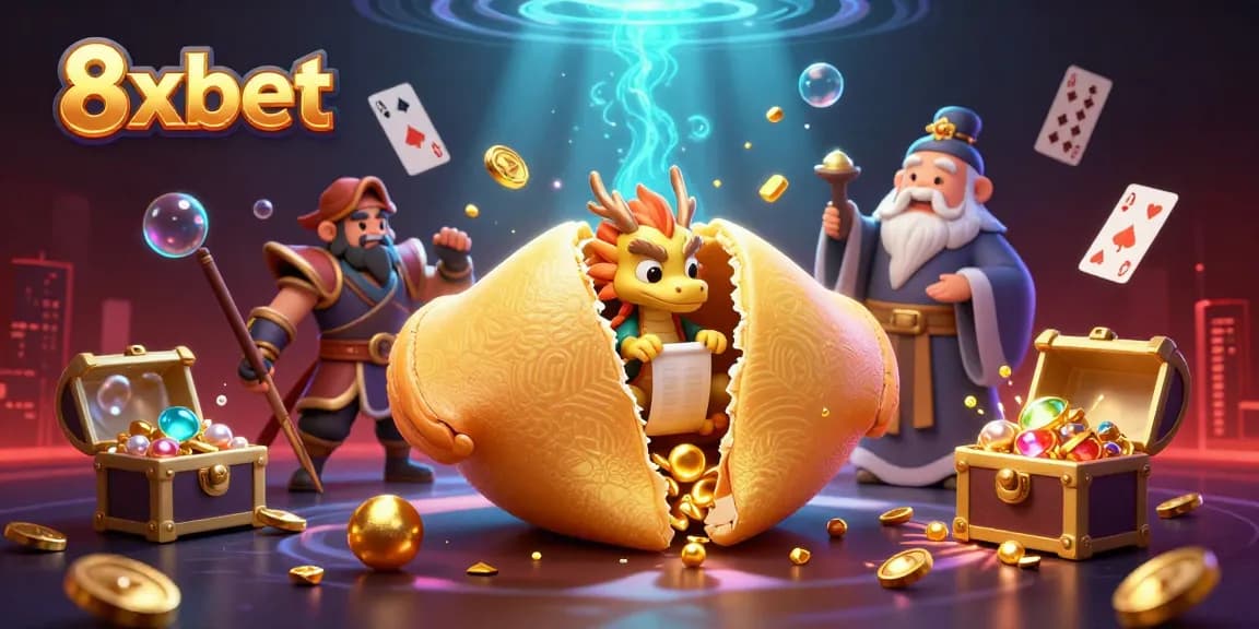 Experience the excitement of 8xbet with golden fortune, mystical dragon, and vibrant casino elements in an immersive scene.