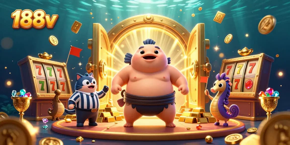 Engage with the thrilling underwater scene of 188v, showcasing a lively casino atmosphere with playful characters and sparkling treasures.