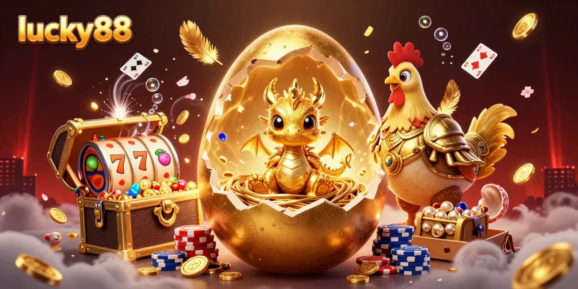 Spin the reels of lucky88 with a vibrant scene featuring a golden egg and dragon among casino elements.