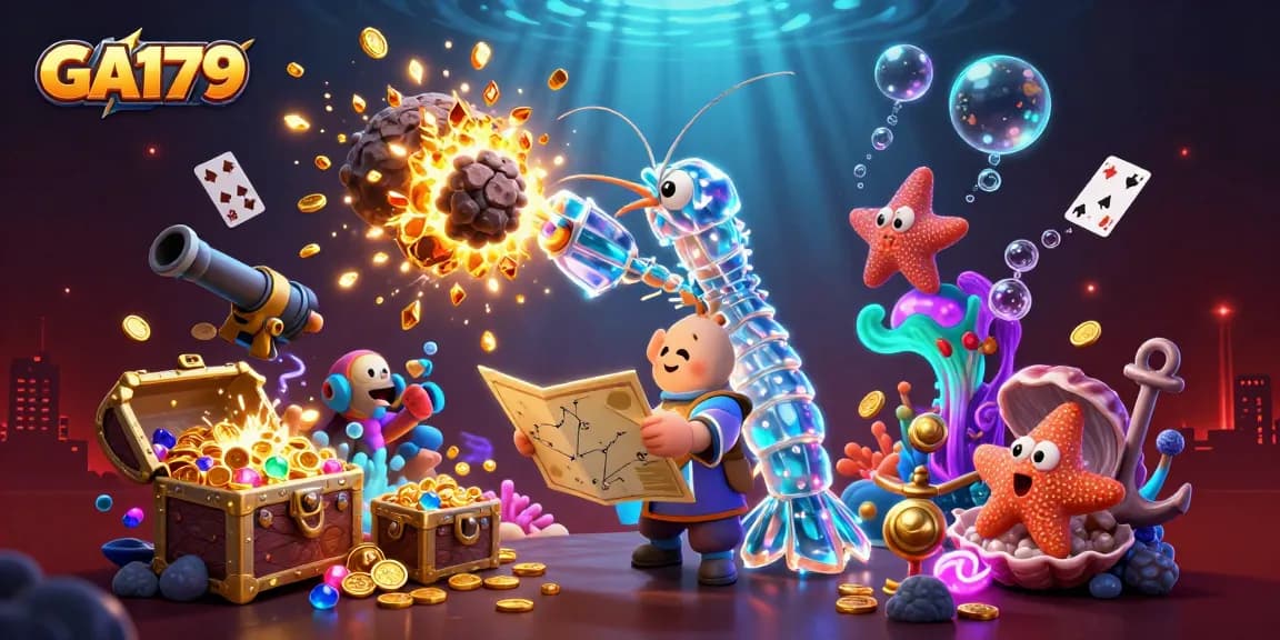 Engage with GA179's thrilling online gaming experience featuring vibrant underwater elements and dynamic gambling scenes.