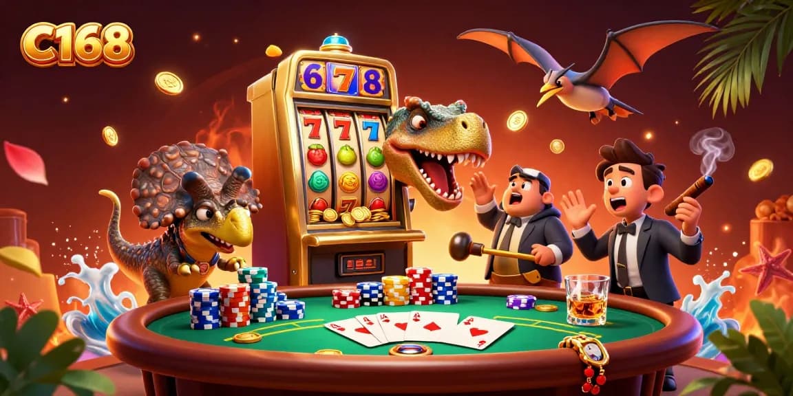 C168 jackpot celebration scene with a cartoon dinosaur winning at a slot machine and coins flying through the air.
