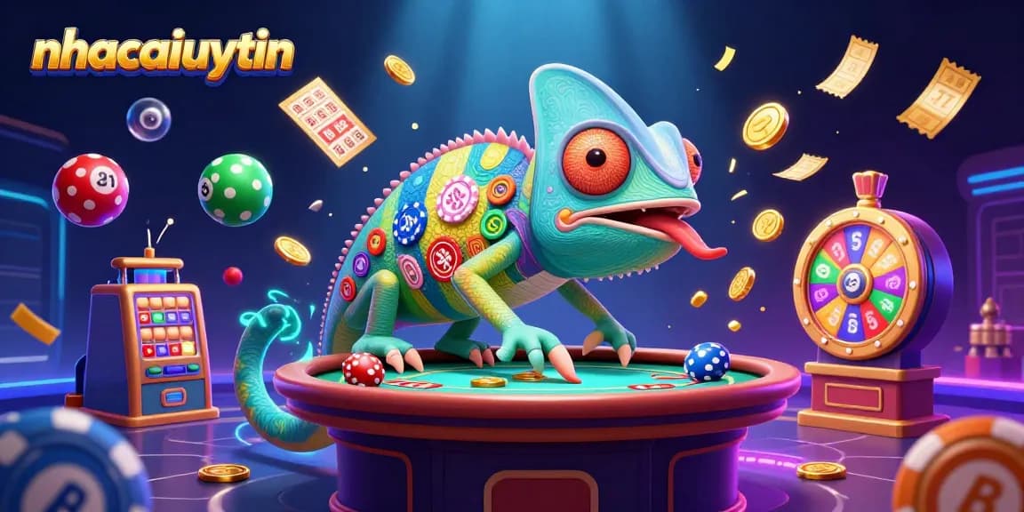 nhacaiuytin features a colorful, dynamic casino scene with a chameleon owner capturing golden coins.