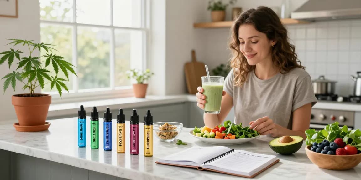 THC vapes UK displayed in a bright kitchen, featuring health-focused products like THC-infused smoothies and wellness journals.