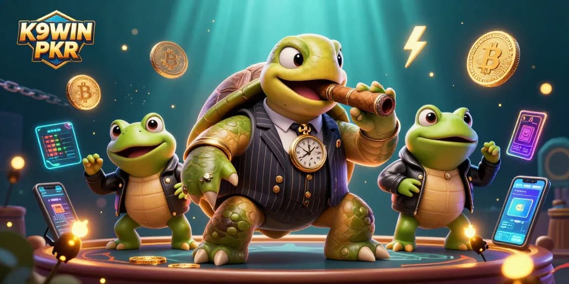 Experience dynamic K9WIN PKR gaming thrills with a vibrant casino illustration showcasing energetic characters and crypto elements.