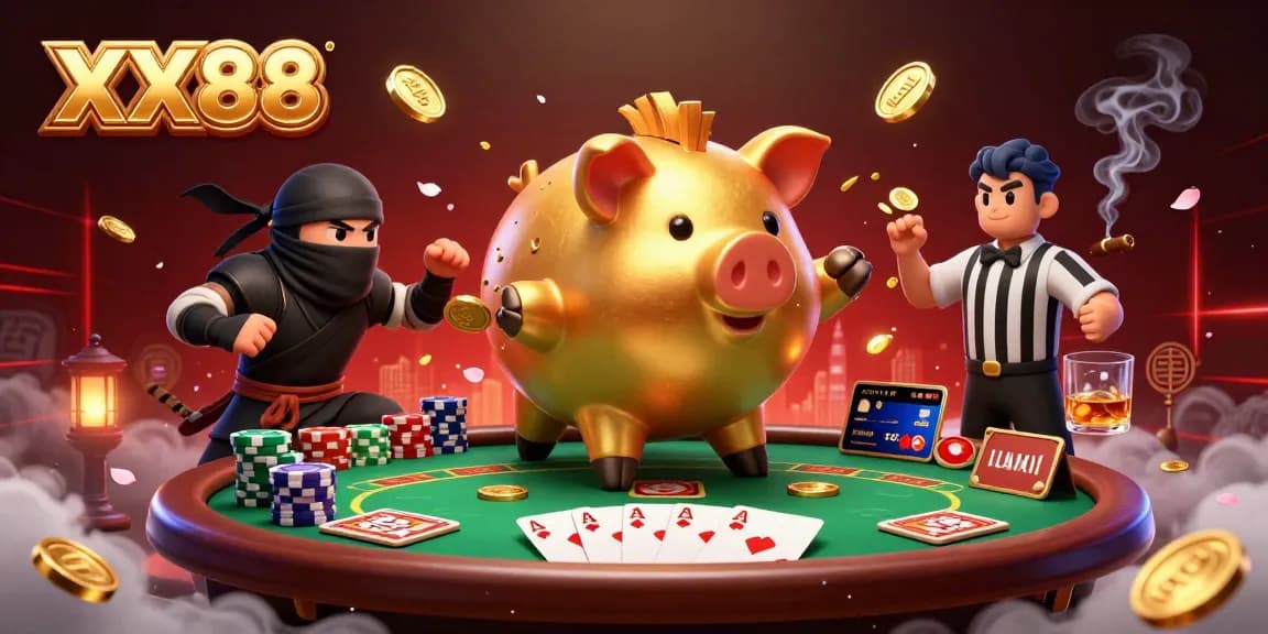 Experience the excitement of XX88 casino action with a golden piggy bank sumo wrestler in a lively poker showdown.
