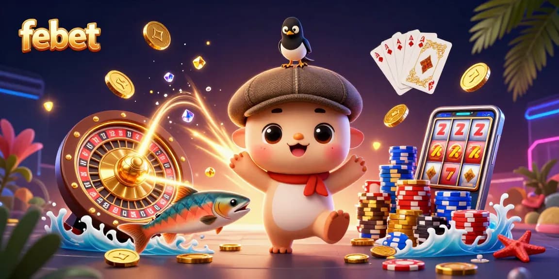 Experience the excitement of febet with vibrant gaming elements like golden coins, whimsical characters, and a roulette wheel.