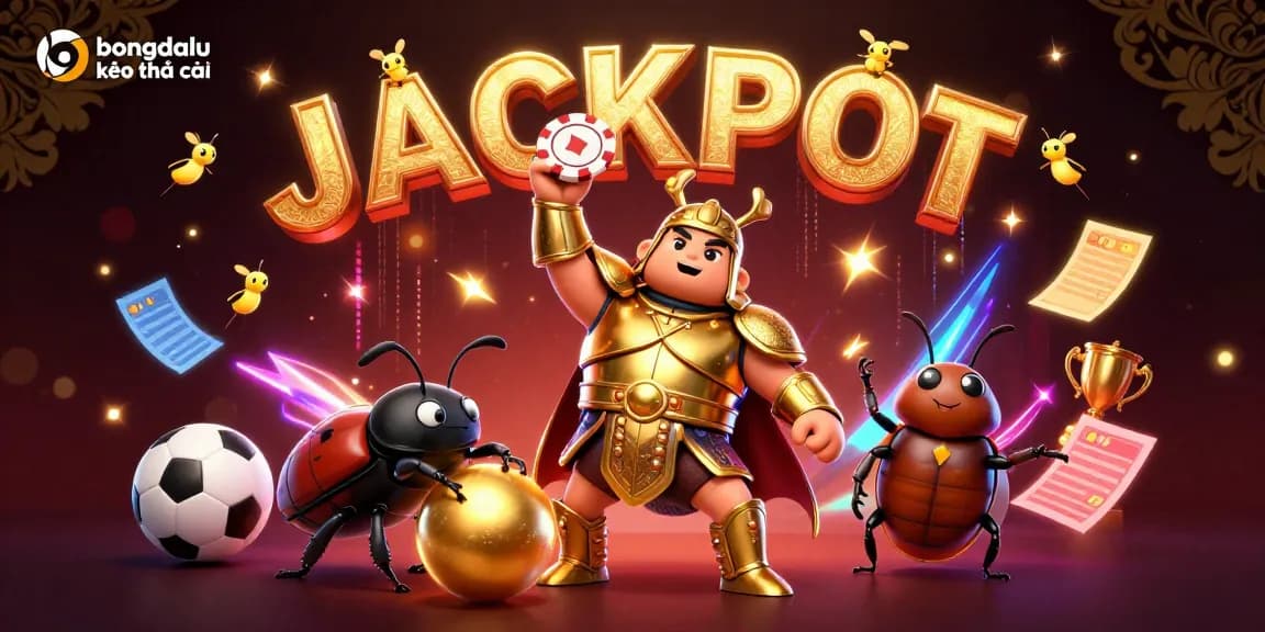 Join the action with bongdalu kèo nhà cái, featuring a victorious beetle amidst vibrant sports betting elements.