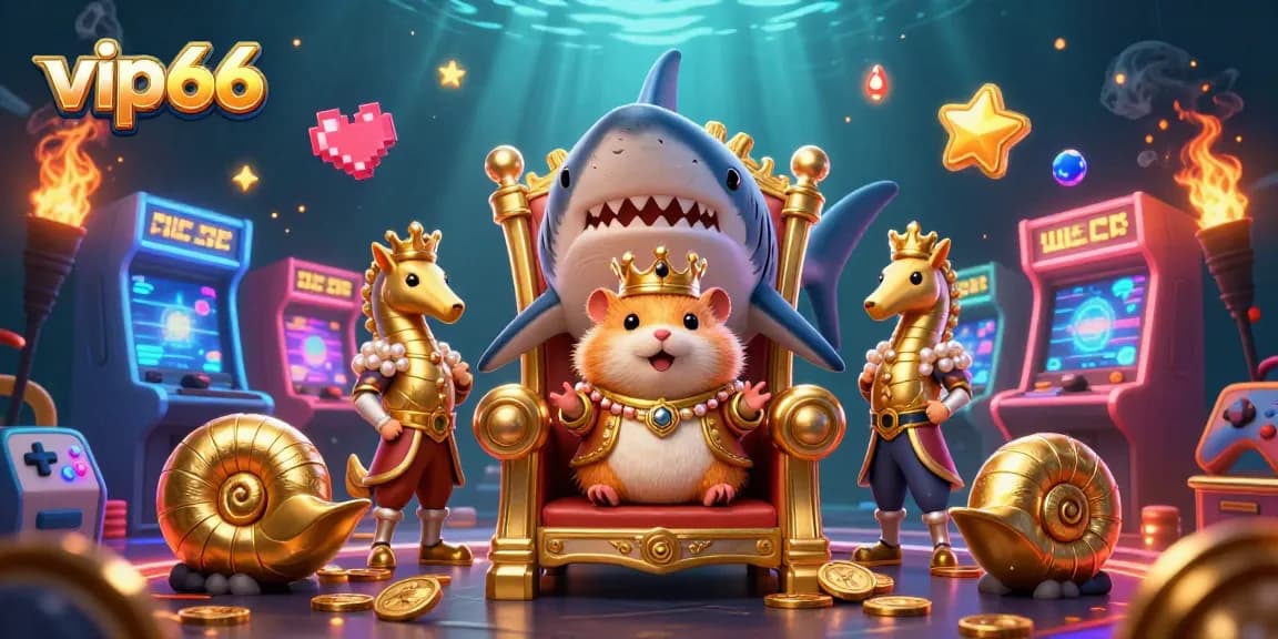 Join the excitement at vip66 casino with a dynamic underwater scene featuring a golden hamster king and vibrant gaming elements.