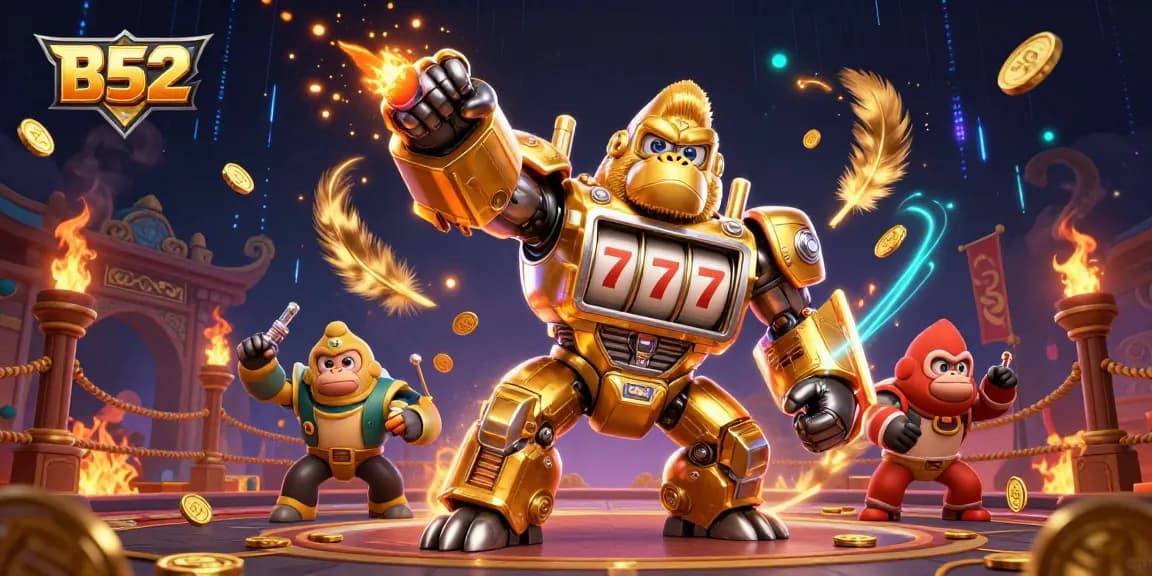 B52 casino experience with a golden gorilla mech celebrating jackpots in an enchanting casino arena.