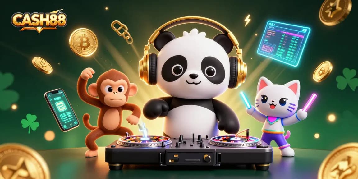 CASH88 brings excitement with a DJ panda, dancing monkey, and vibrant rave elements.