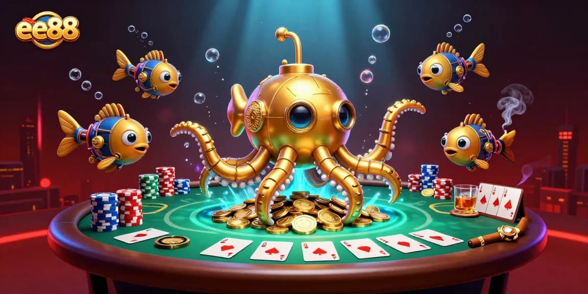 Experience exciting gameplay at ee88 with a kraken submarine emerging from golden coins and vibrant poker scenes.