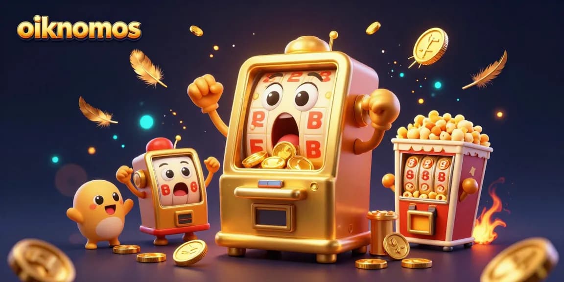 Watch the oikonomos slot machine erupt with coins in this lively casino scene.