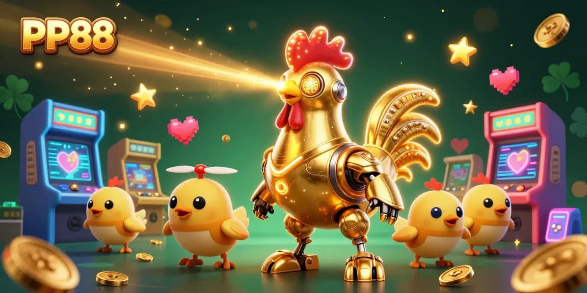 Experience thrilling gameplay with PP88, featuring vibrant casino scenes, retro arcade machines, and dynamic characters.
