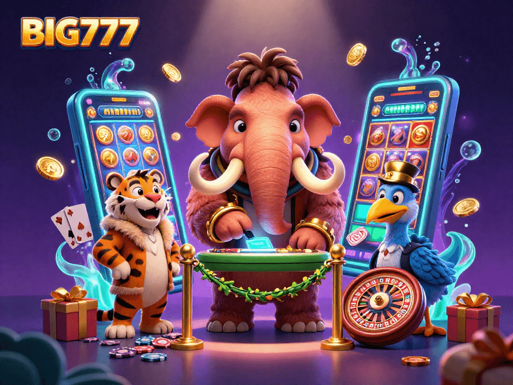 Experience the excitement of BIG777 slot games with vibrant visuals and dynamic characters in a magical casino scene