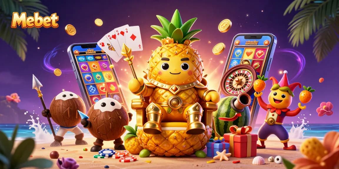 Mebet showcases thrilling casino fun with a golden pineapple king leading a vibrant game scene.