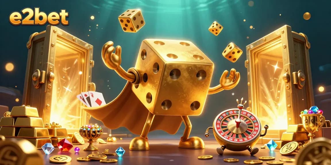 Experience e2bet's thrilling casino world with dynamic golden dice and treasure elements.