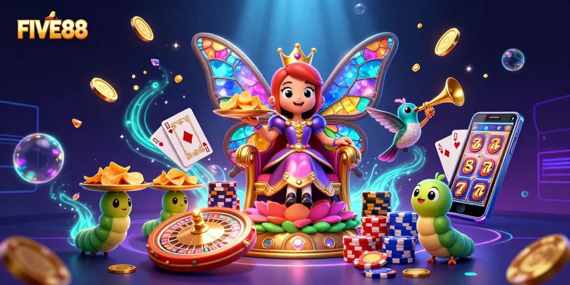Experience the fantasy of FIVE88 with a vibrant 3D illustration showcasing thrilling gaming elements.