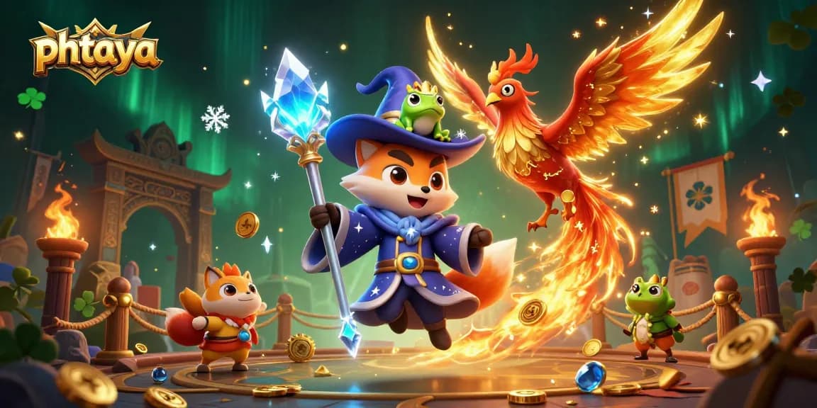 Phtaya offers thrilling online casino experiences with magical illustrations of wizards and phoenixes in action.
