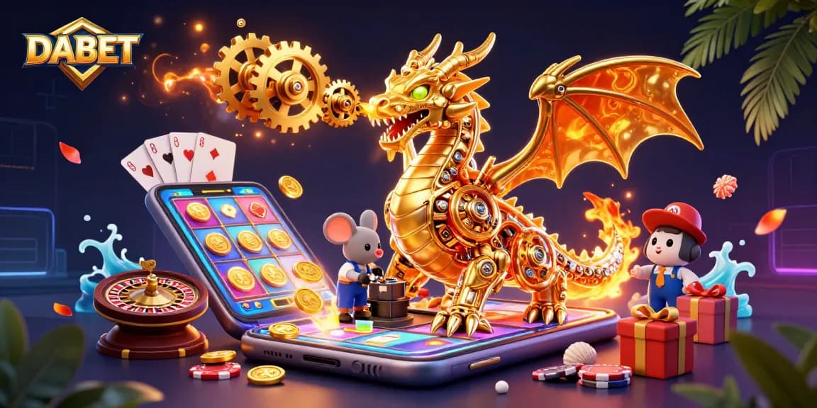 DABET offers thrilling gameplay as a golden dragon breathes gears amidst vibrant casino elements.