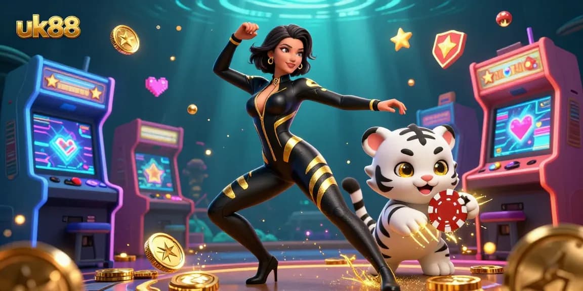 Engage with the vibrant world of uk88, showcasing a dynamic gambling scene featuring a stunning acrobatic woman and a playful cartoon tiger.