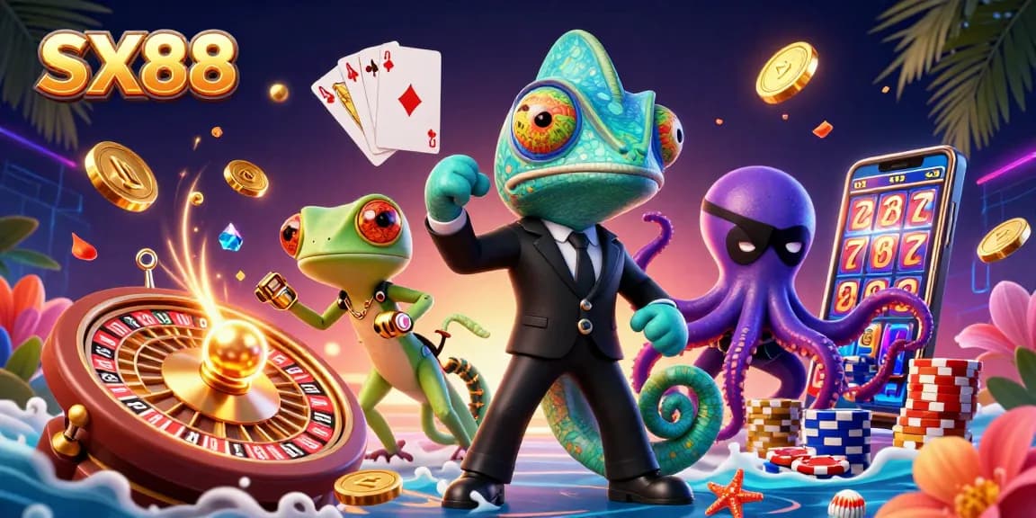 SX88 showcases vibrant casino action with a chameleon agent, gadget gecko, and octopus amidst gaming elements.