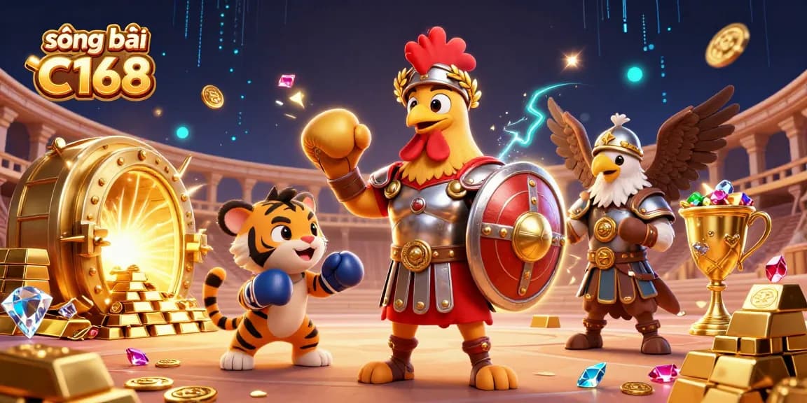 Experience the thrill of sòng bài trực tuyến C168 with a dynamic 3D illustration featuring a gladiator rooster and treasure.
