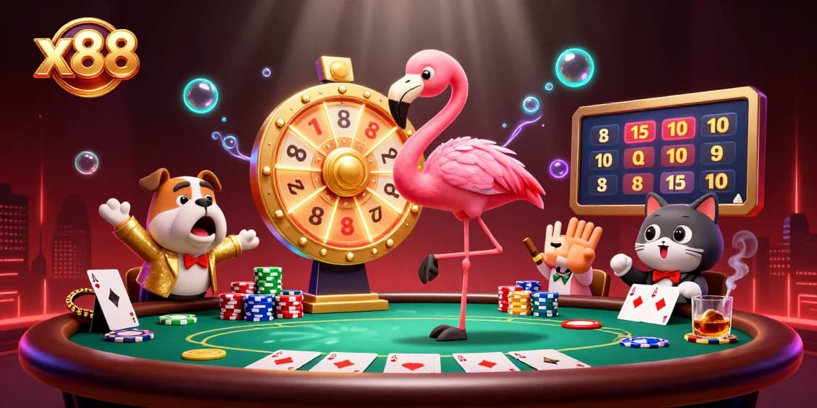 Spin the giant prize wheel at x88 with animated characters in an exciting casino scene.