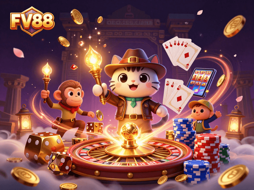 Join the excitement at FV88 as the explorer cat discovers a golden casino artifact amidst thrilling gameplay elements.