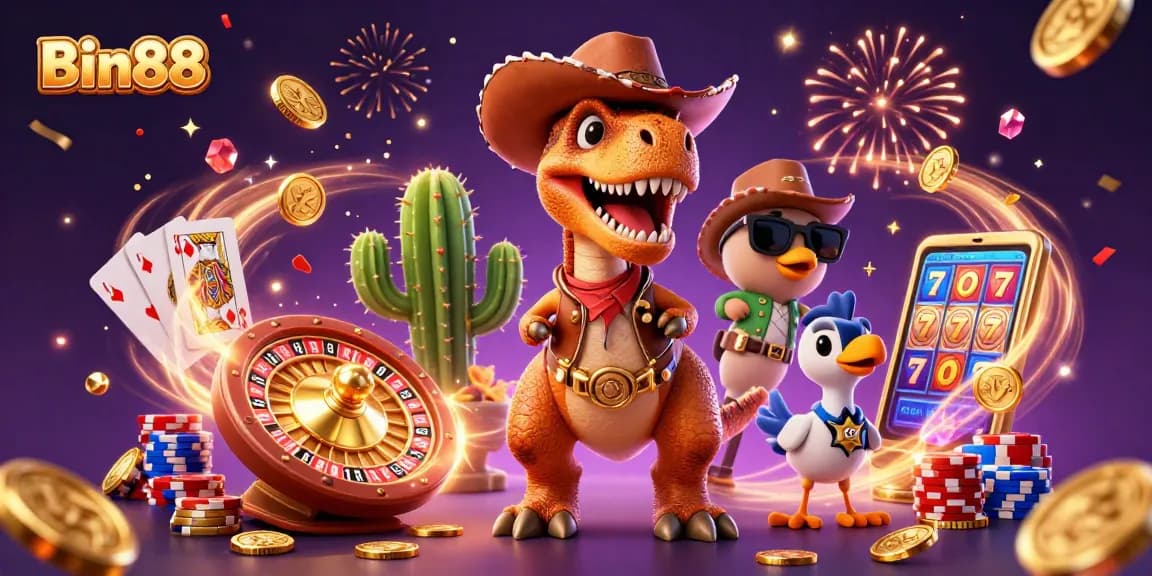 Engage in thrilling gameplay at Bin88 with a vibrant 3D casino illustration showcasing characters and casino elements.