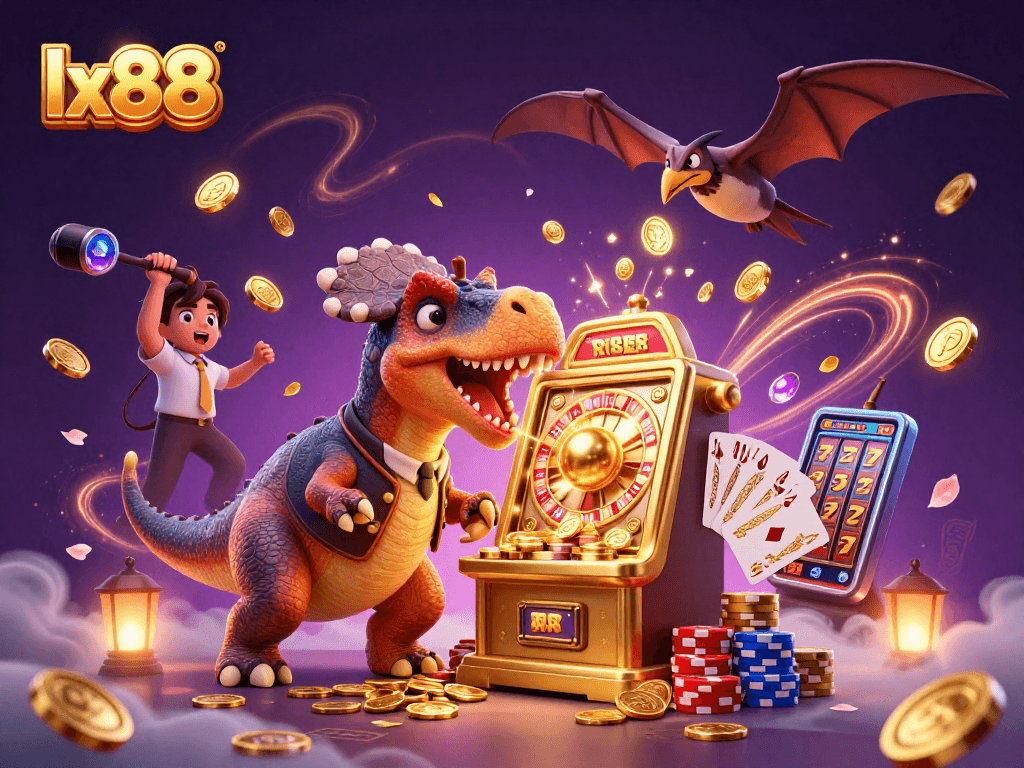 lx88 celebrates excitement as a pachycephalosaurus triggers a jackpot payout amid flying coins in a vibrant casino.